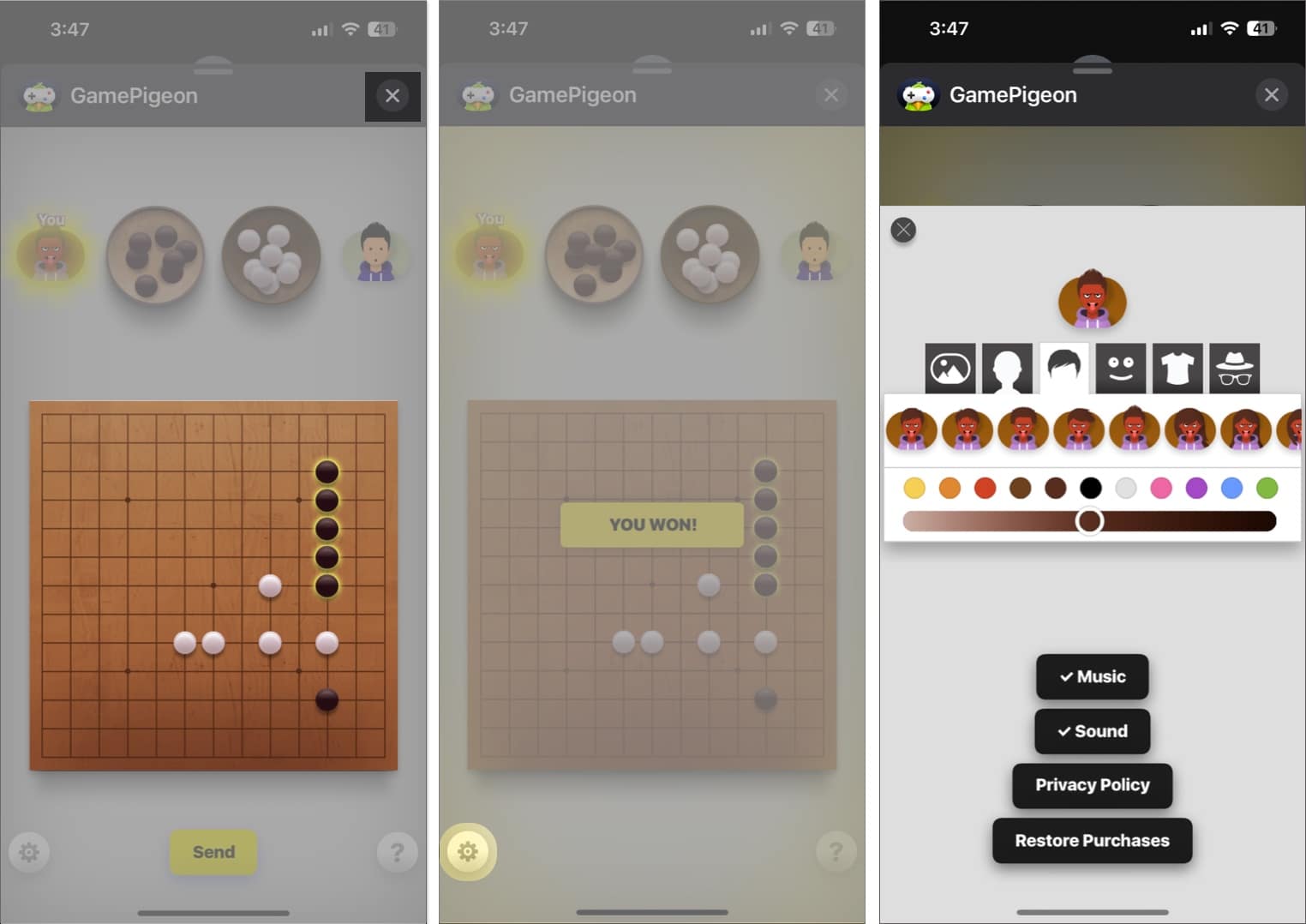 The winner interface, tap the settings icon to make changes, make changes like you desire in iMessage playing Gomoku