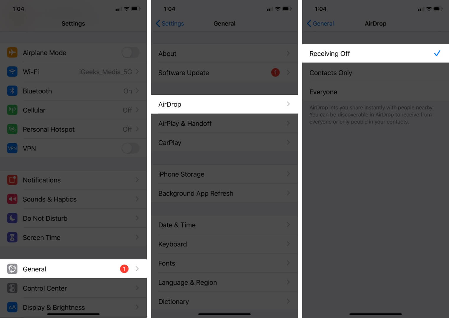 Turn Off AirDrop on iPhone