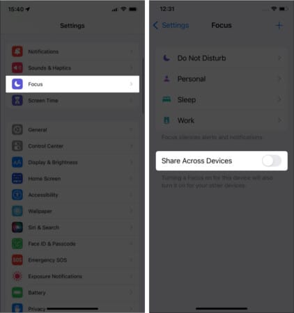 Turn Off Focus Sharing Across Devices in iOS 15