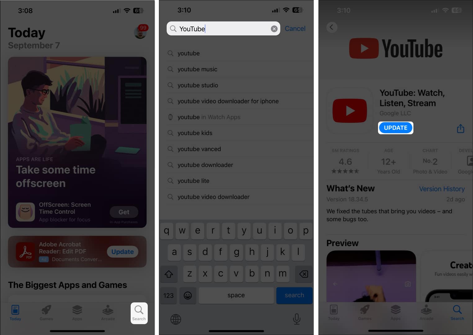 Update YouTube app in App Store