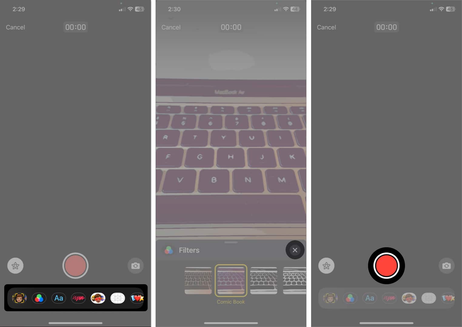 choose filter or sticker, tap X, tap shutter in facetime video message