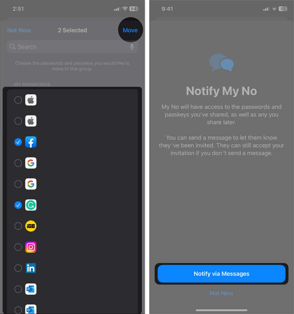 choose passwords to share, send invitation tap Notify via Message to share passwords