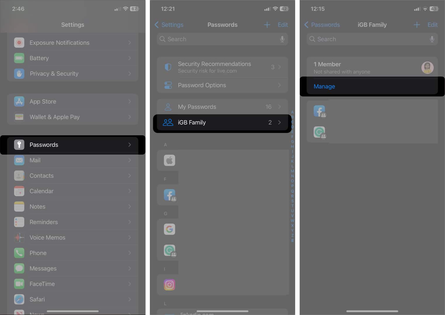 go to settings, select passwords, choose your shared password name, tap manage in Family password sharing