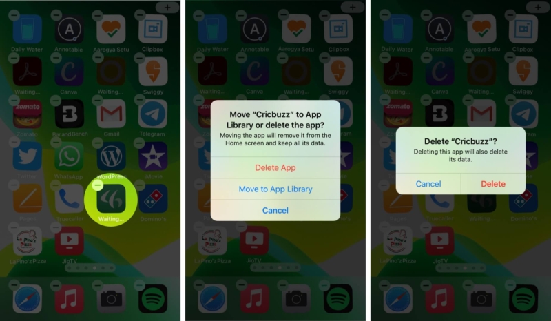 Cant delete apps on iPhone and iPad in iOS 17 How to fix It Long press on waiting apps and tap on delete on iphone 800x466 1