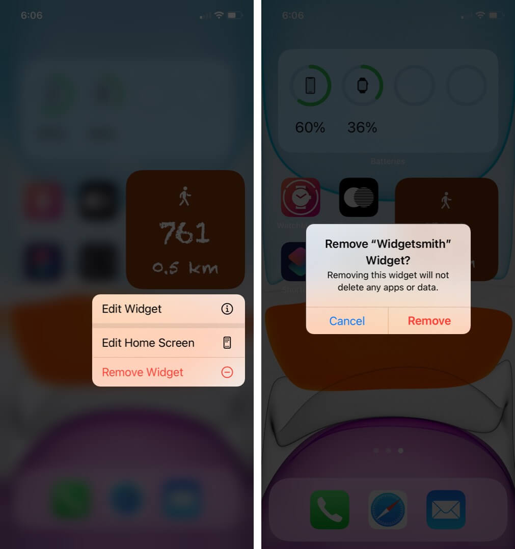 long press on widget icon and tap on remove widget from iphone home screen