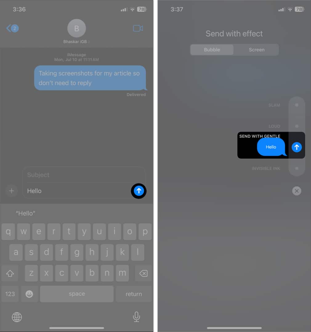 long press the send button, select a message effect and tap send in imessage