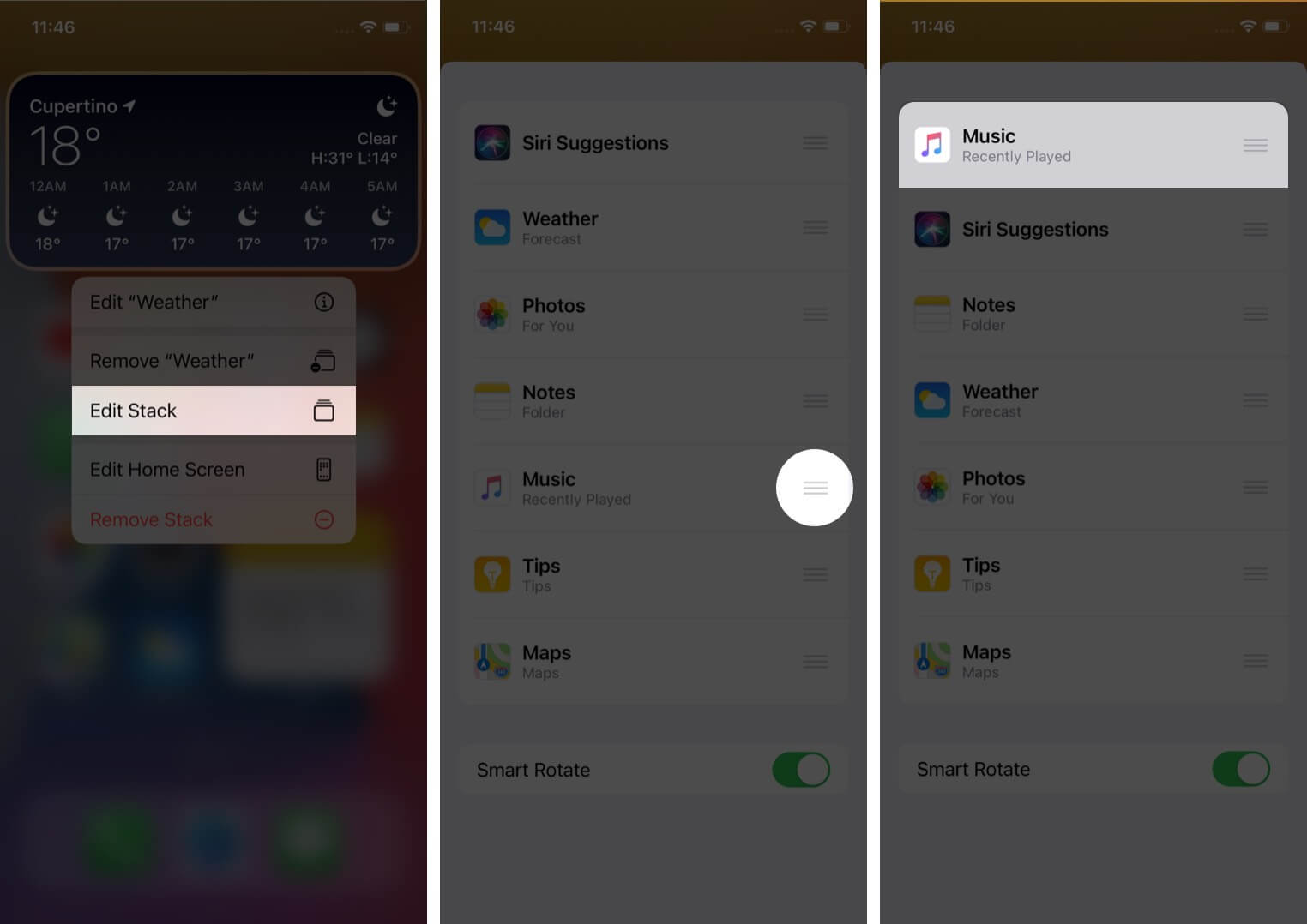 rearrange apps in stack widget on iphone