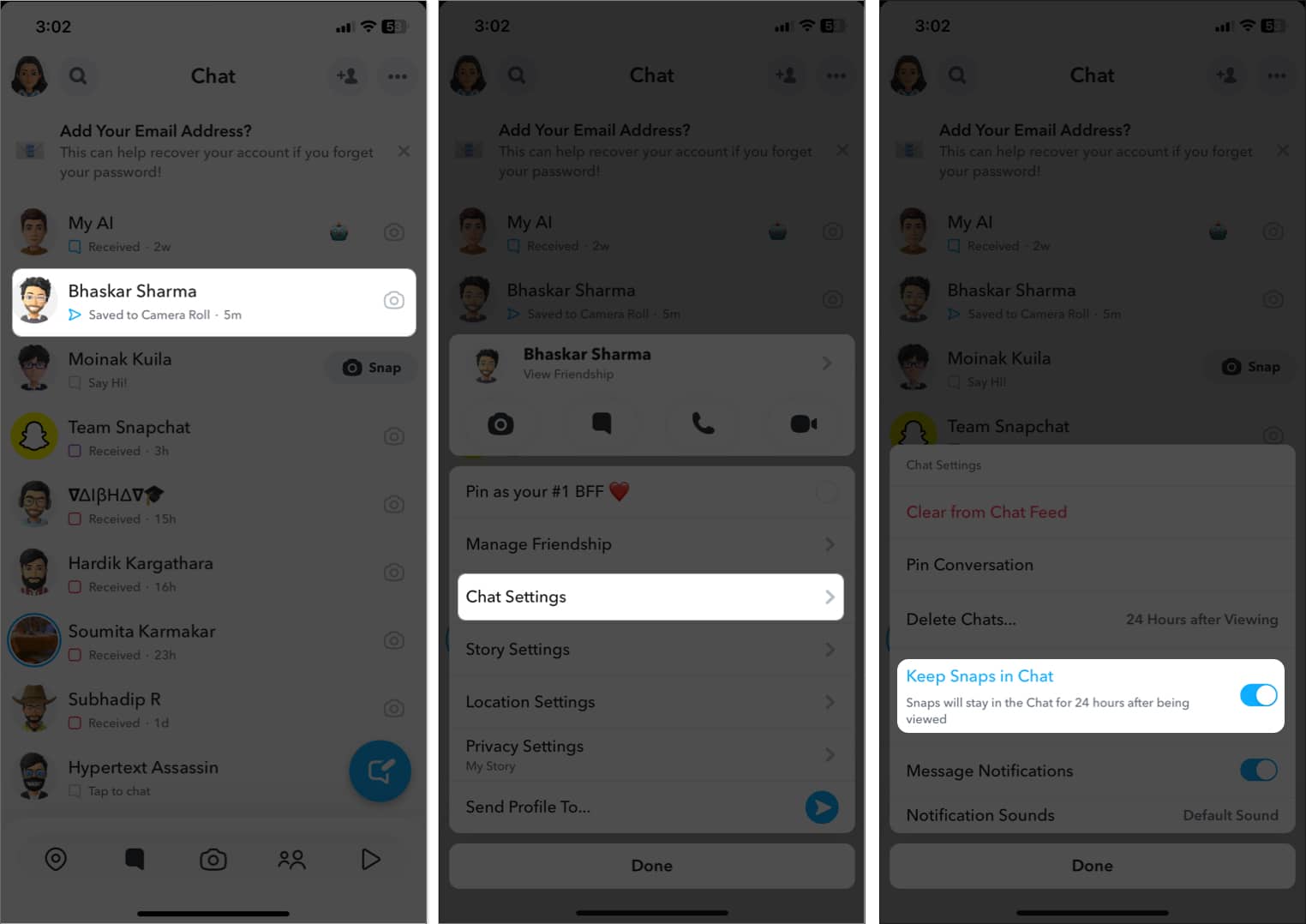 tap and hold the chat, select chat settings, toggle on keep snaps in chat in snapchat