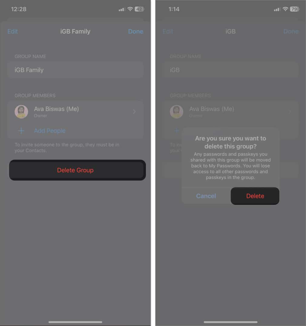 tap delete group and select Delete in Family password sharing group