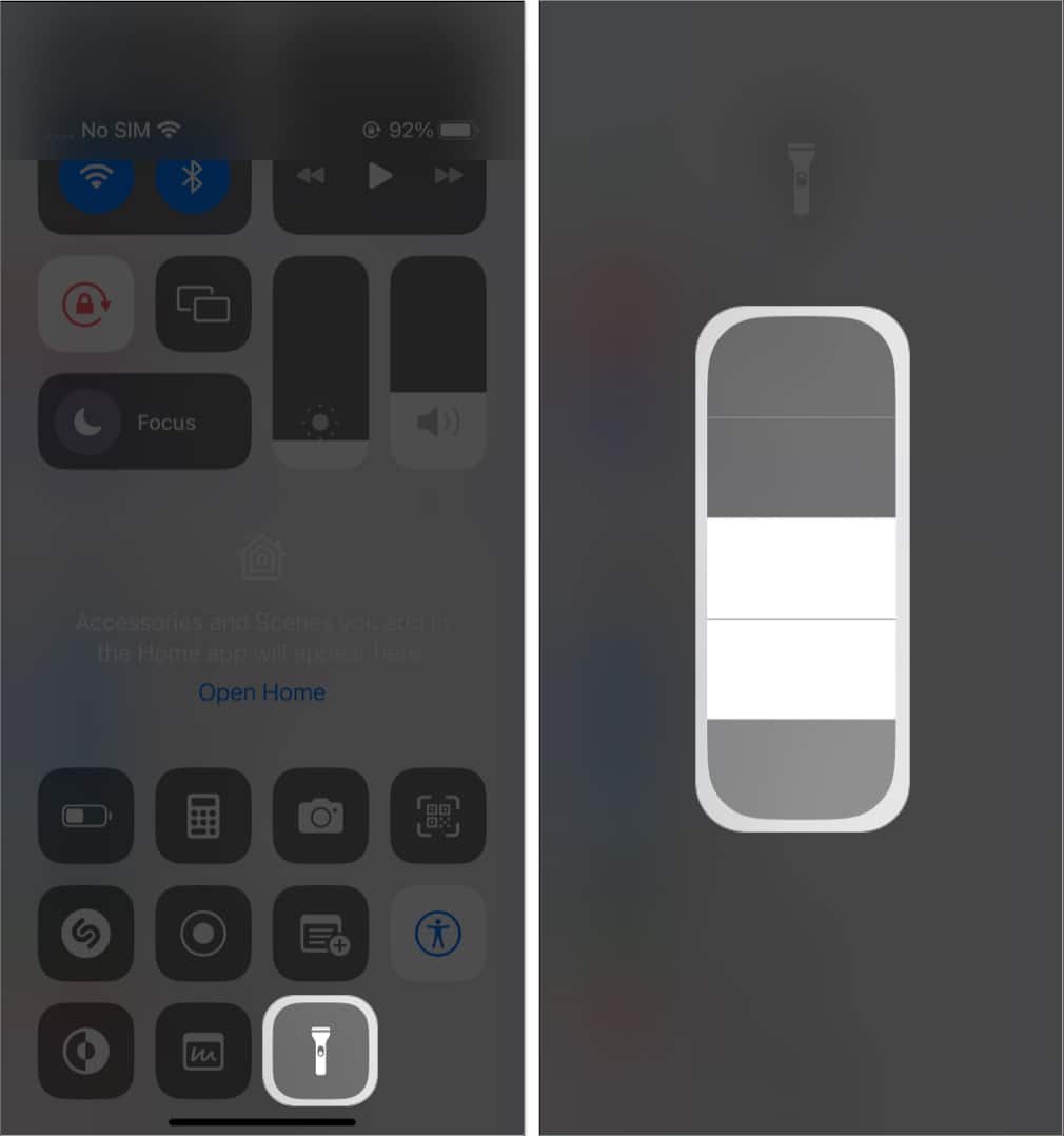 tap flash icon, drag the slider in control center