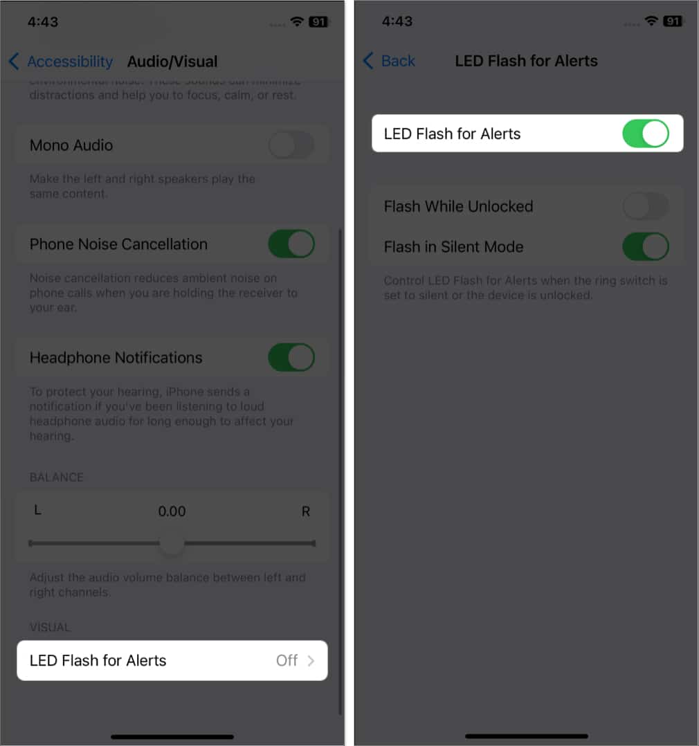 tap led flash for alerts, toggle it off and on in settings