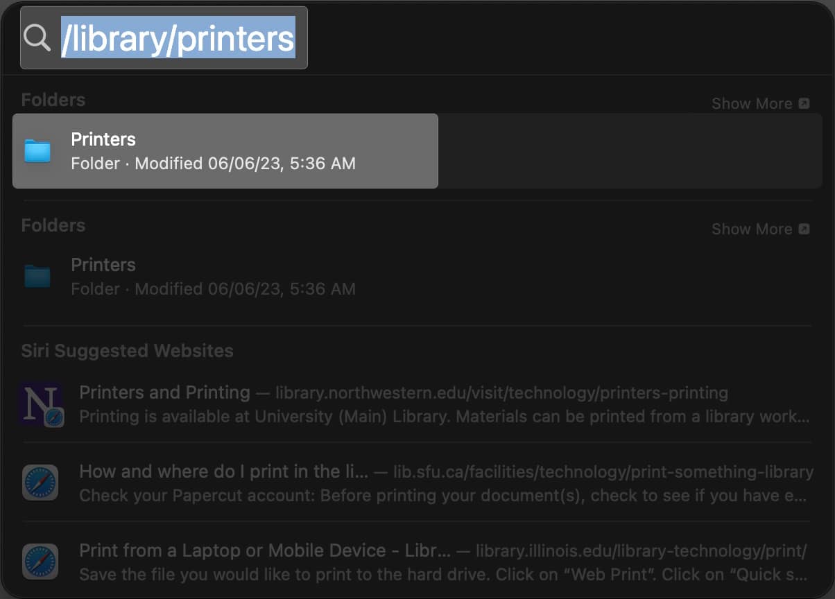 Access Spotlight and lookup libraryprinters