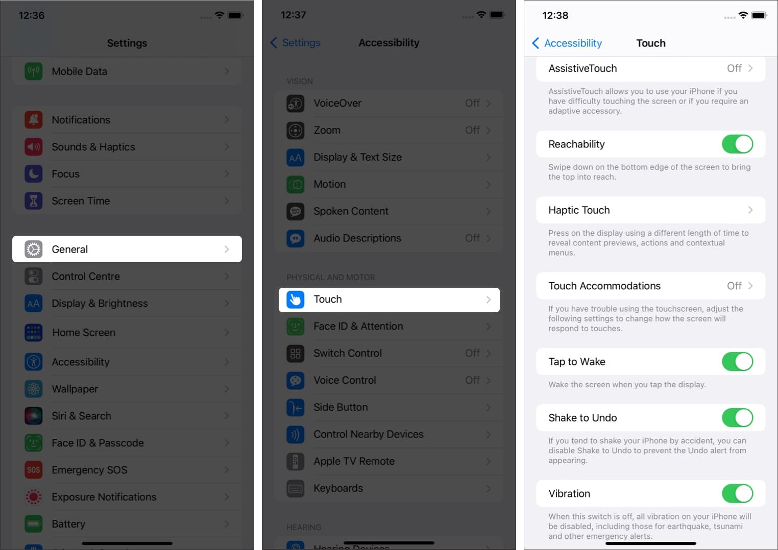 Steps highlighted for opening Accessibility touch settings on an iPhone with iOS 16
