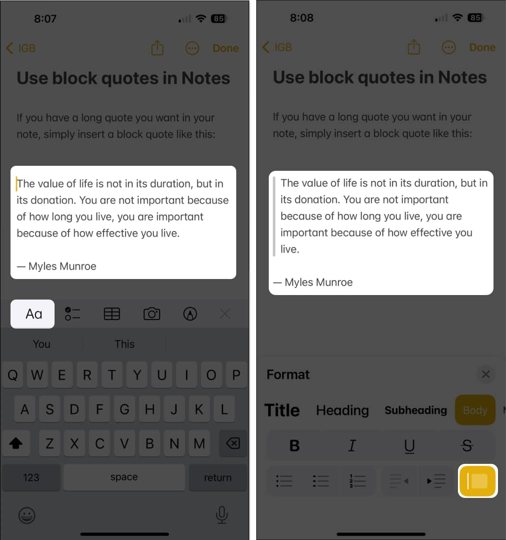 Tambahkan petikan blok dalam Nota pada iPhone