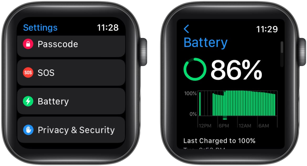 Check battery life using settings on apple watch