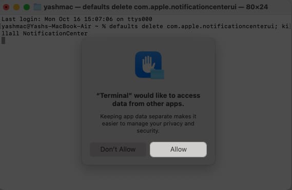 Click Allow in Terminal alert