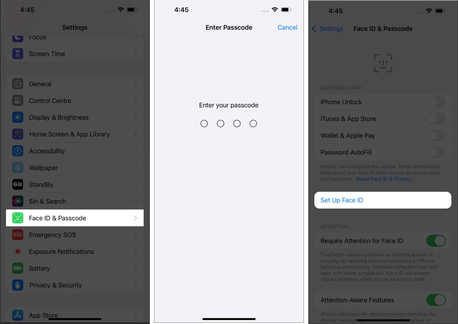 Click Face ID & Passcode, Enter Passcode, Set Up Face ID