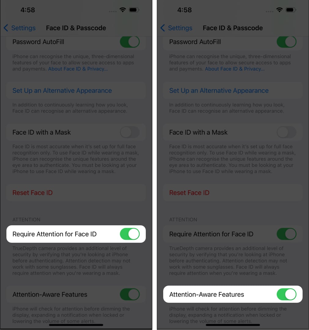 Tap Require Attention for Face ID, Attention Aware feature