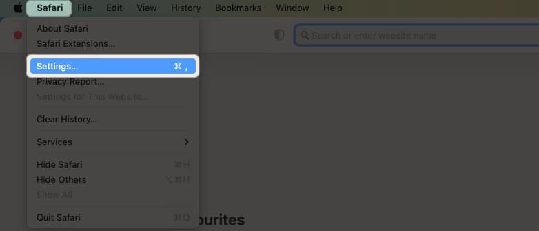 Click Safari in the menu bar and navigate to Settings