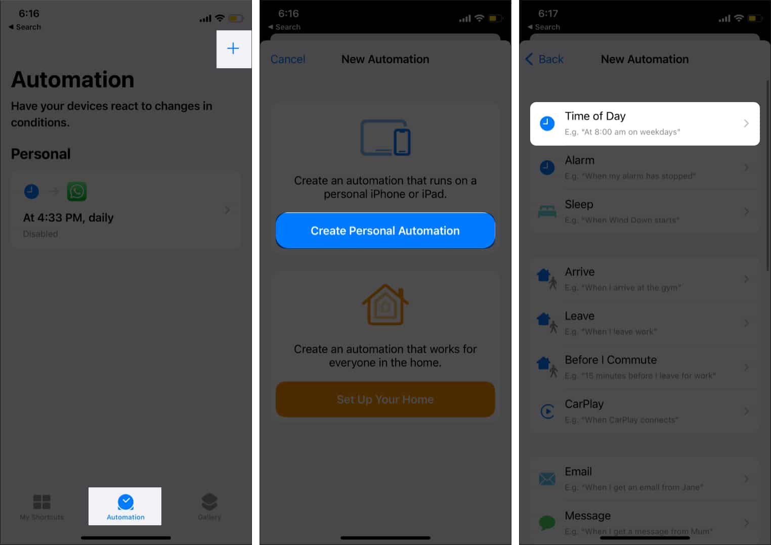 Create Personal Automation in Shortcut app on iPhone