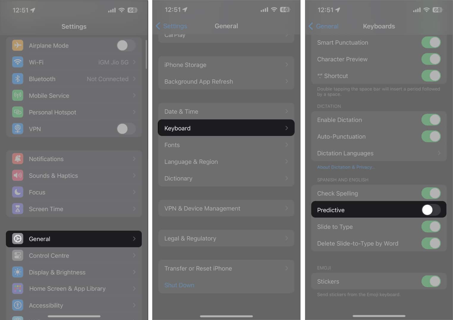 Lumpuhkan teks Ramalan pada iPhone anda