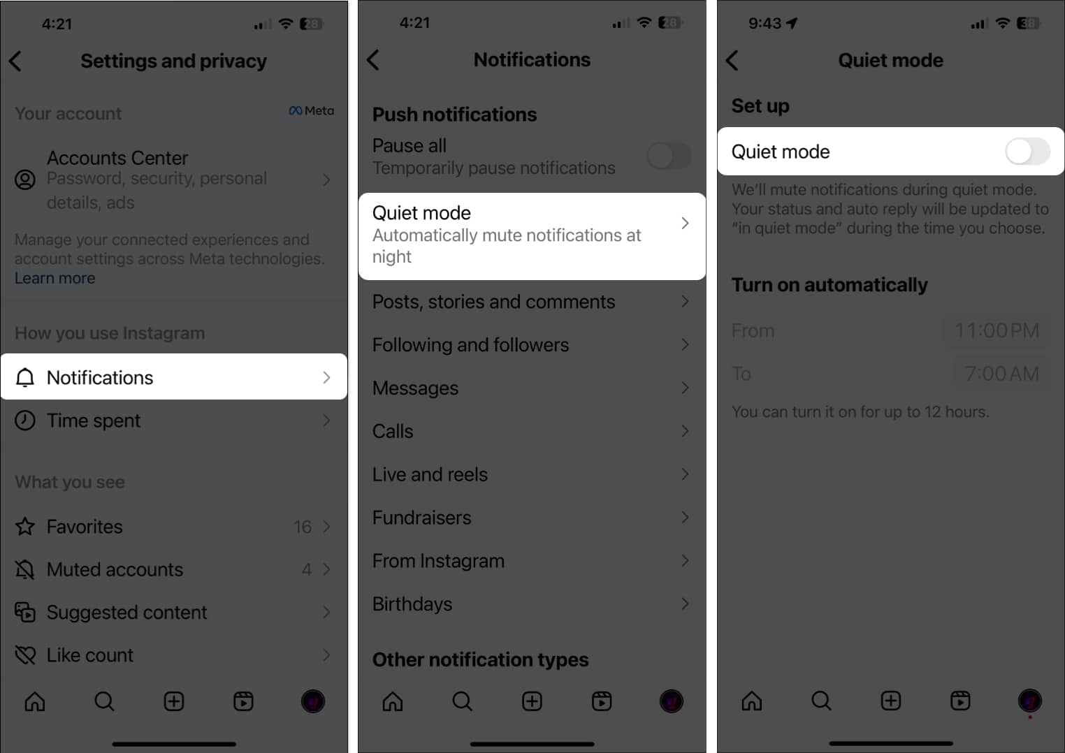 Disable Quiet Mode on Instagram