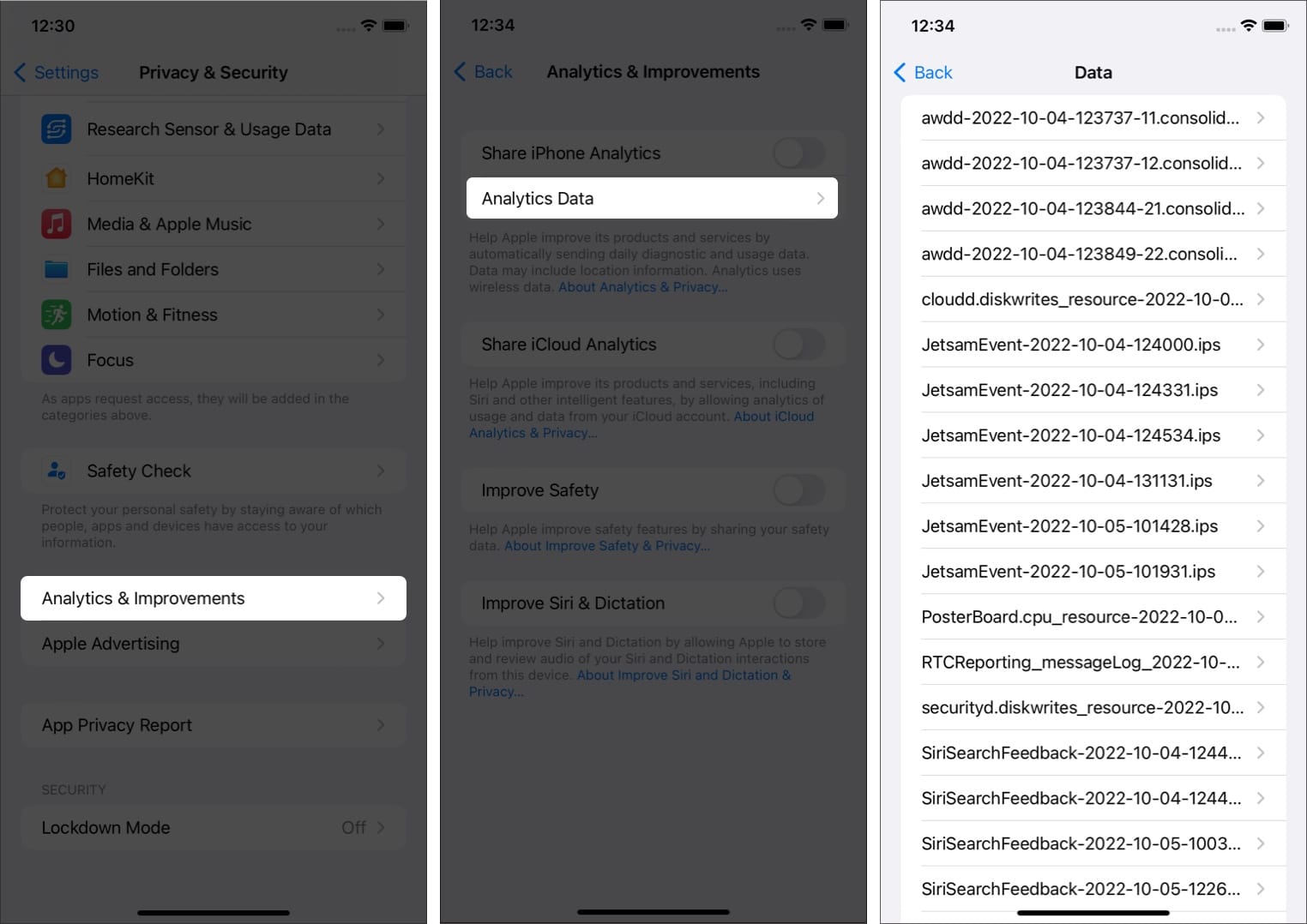 Steps to check for error logs on an iPhone