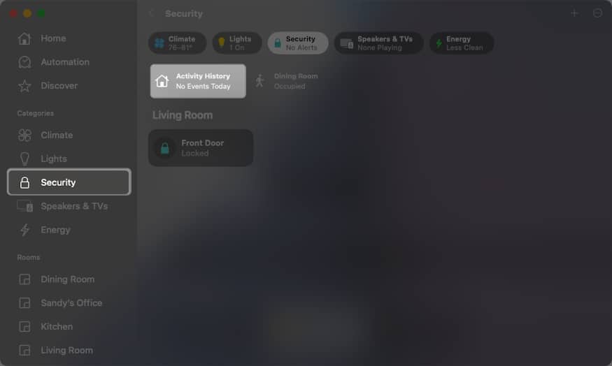 Go to Security and Tap Activity History in Home App on Mac