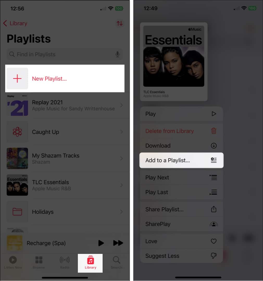 Go to library and select new playlist option, add to playlist in apple music