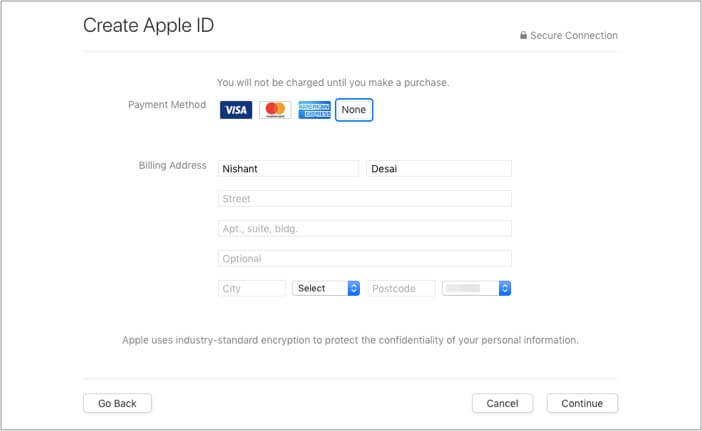 In payment details, select None and tap Next to create Apple ID on Mac