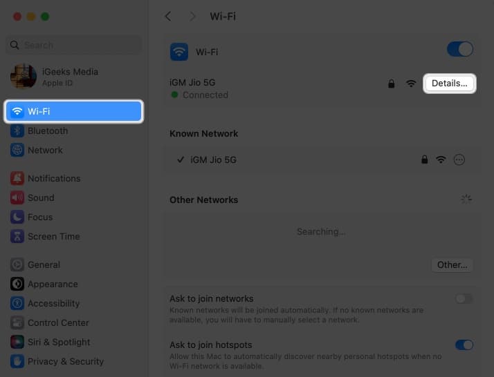 Navigate to Wi Fi and select Details