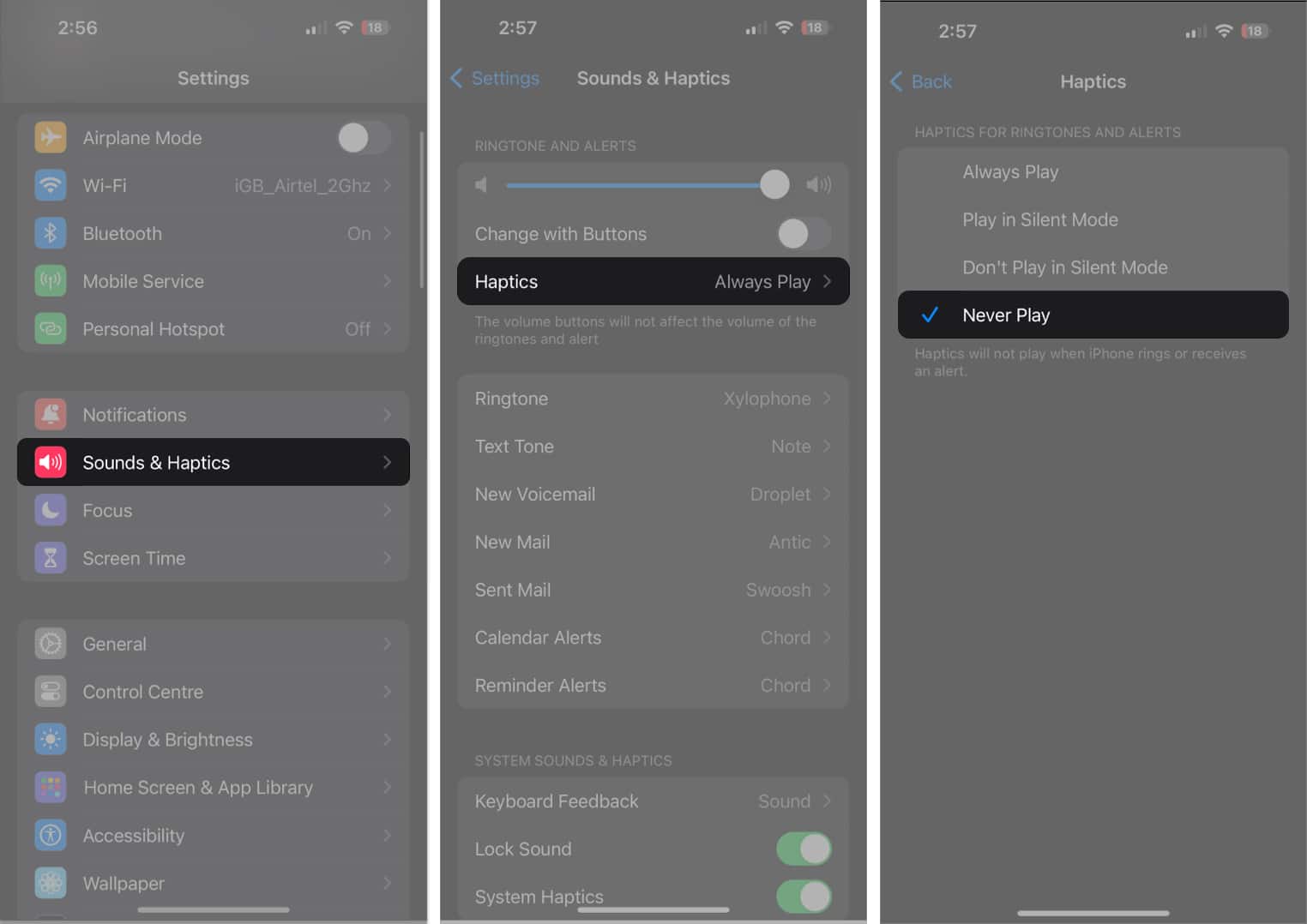 Never Play to disable alarm vibration in Sounds  Haptics Settings
