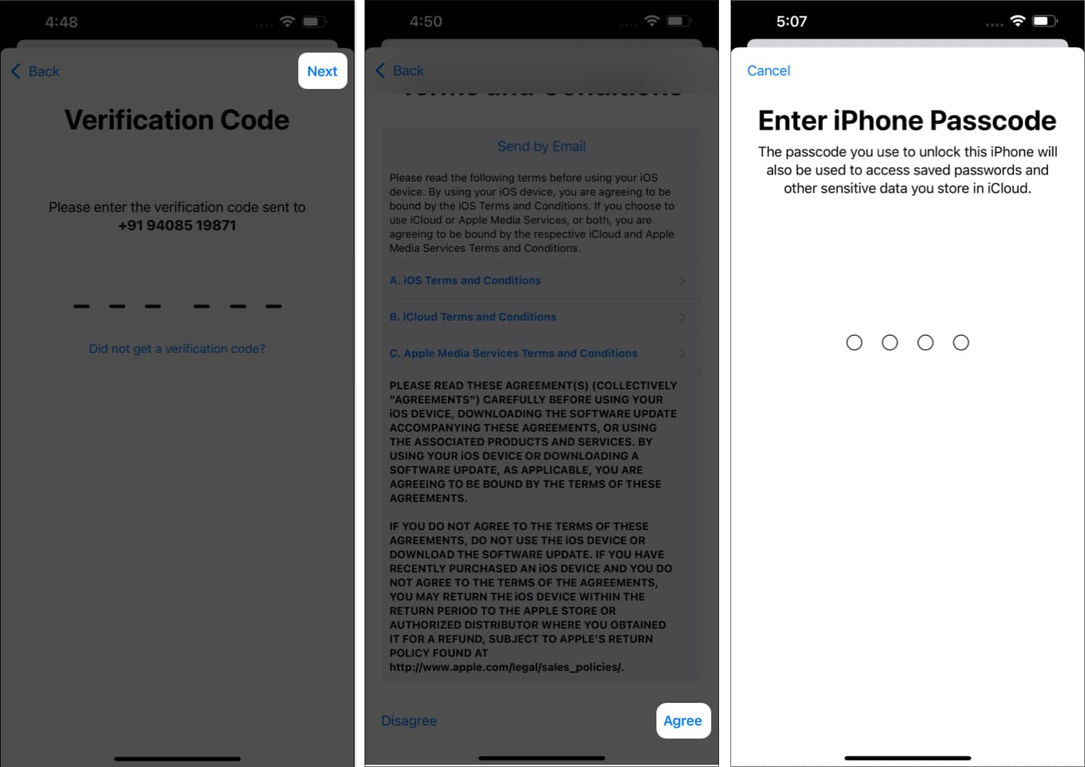 Press next, agree, iPhone passcode in settings app
