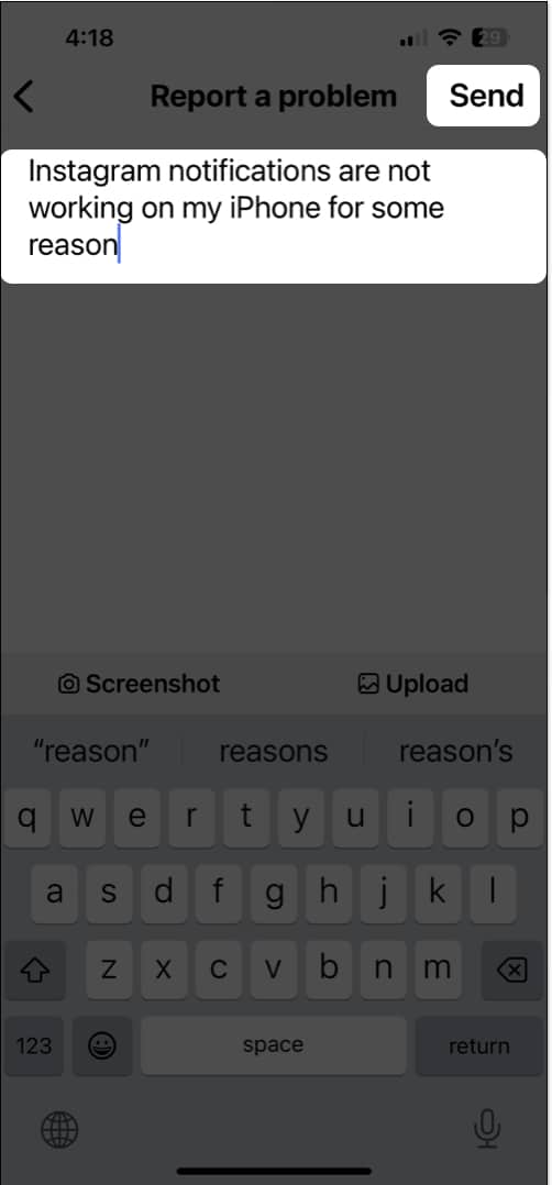 Report a Problem and tap Send