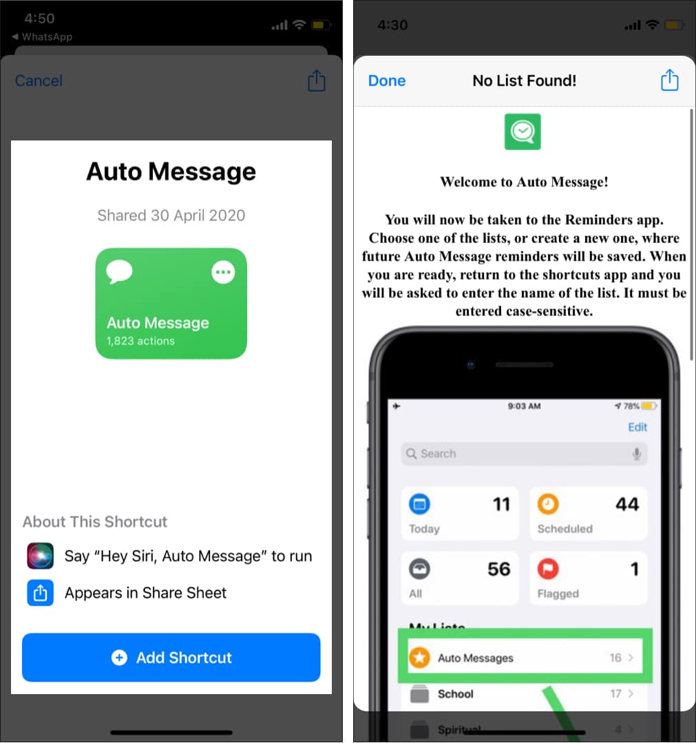 Run Auto Message in Shortcuts app on iPhone