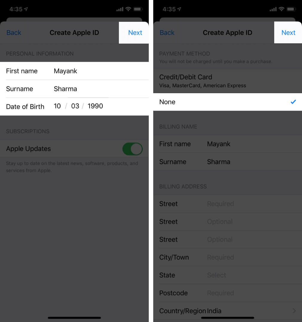 Select none to create Apple ID without credit card on iPhone