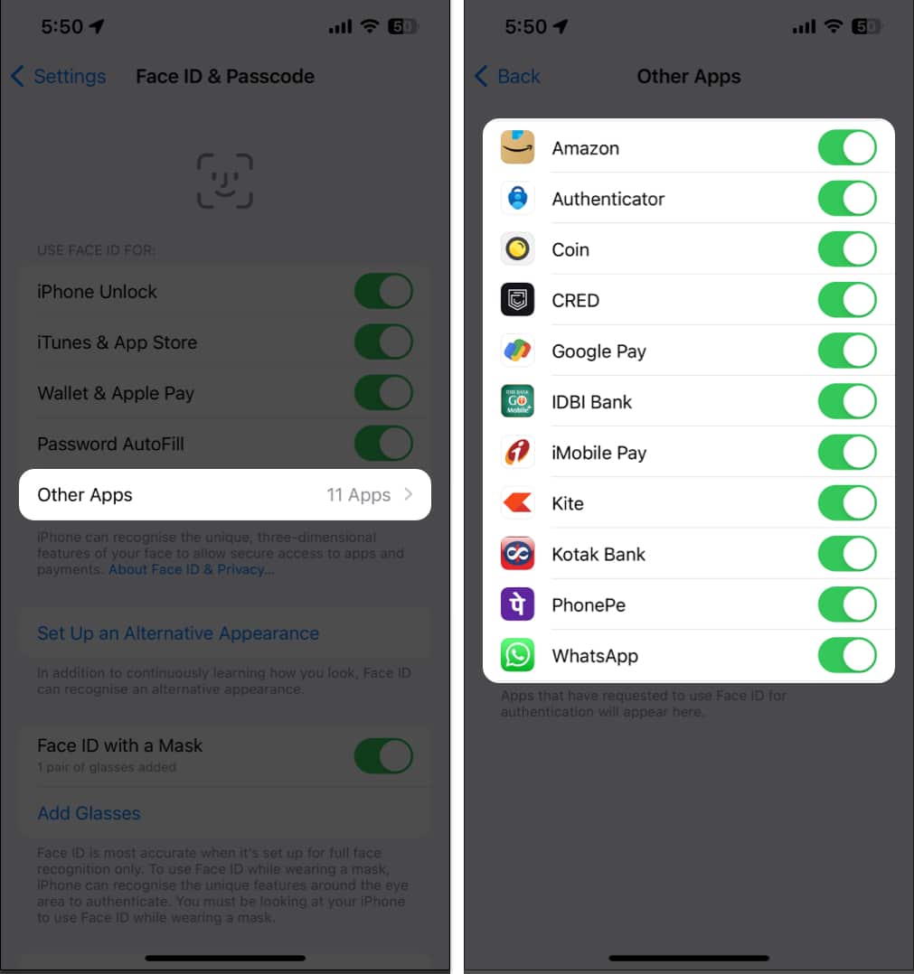 Tap Other Apps Enable authentication