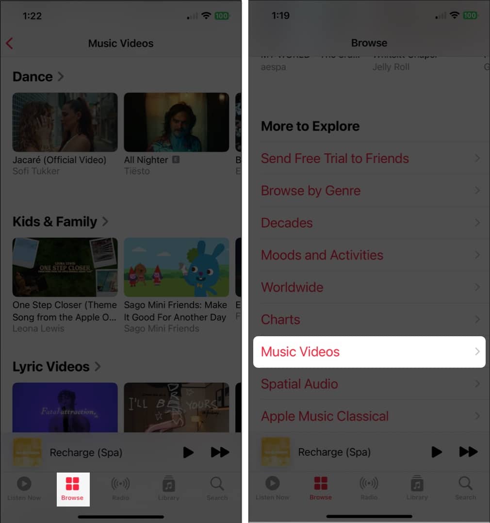 Tap browse, music videos in settings app