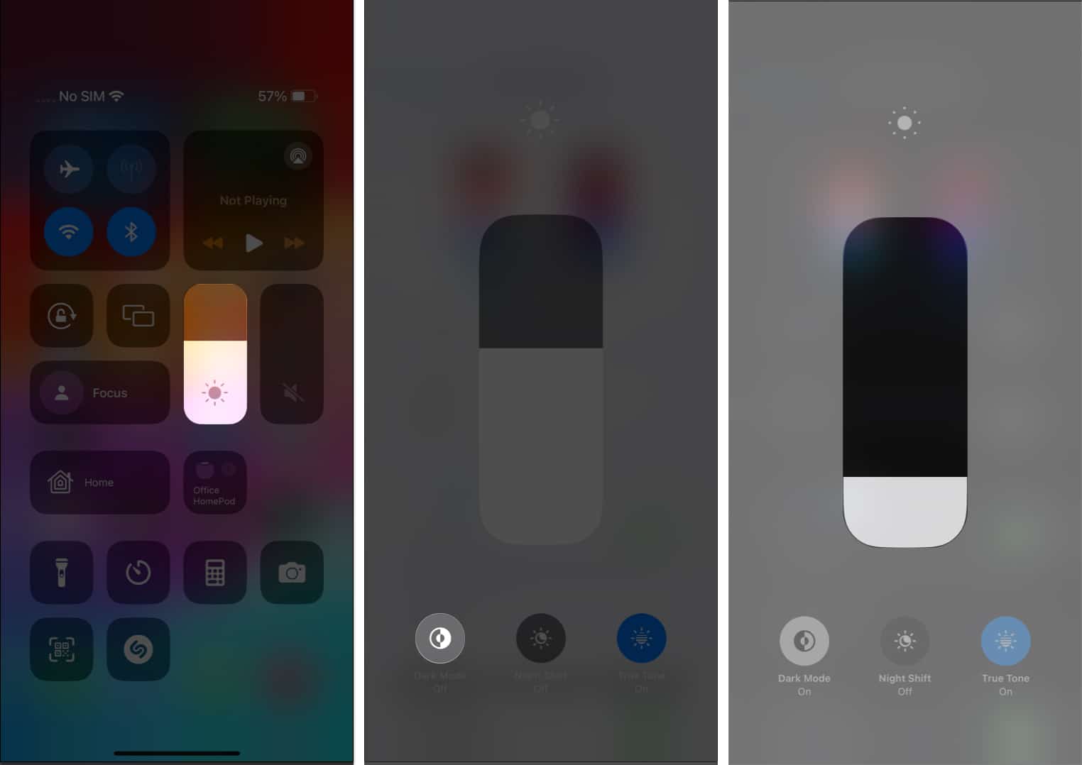 Tap the brightness slider, dark mode in control centre