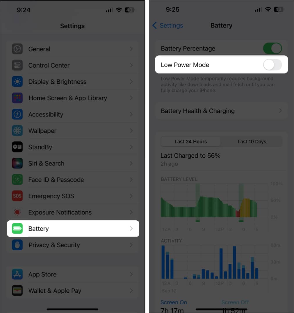 Toggle Off Low Power Mode on iPhone