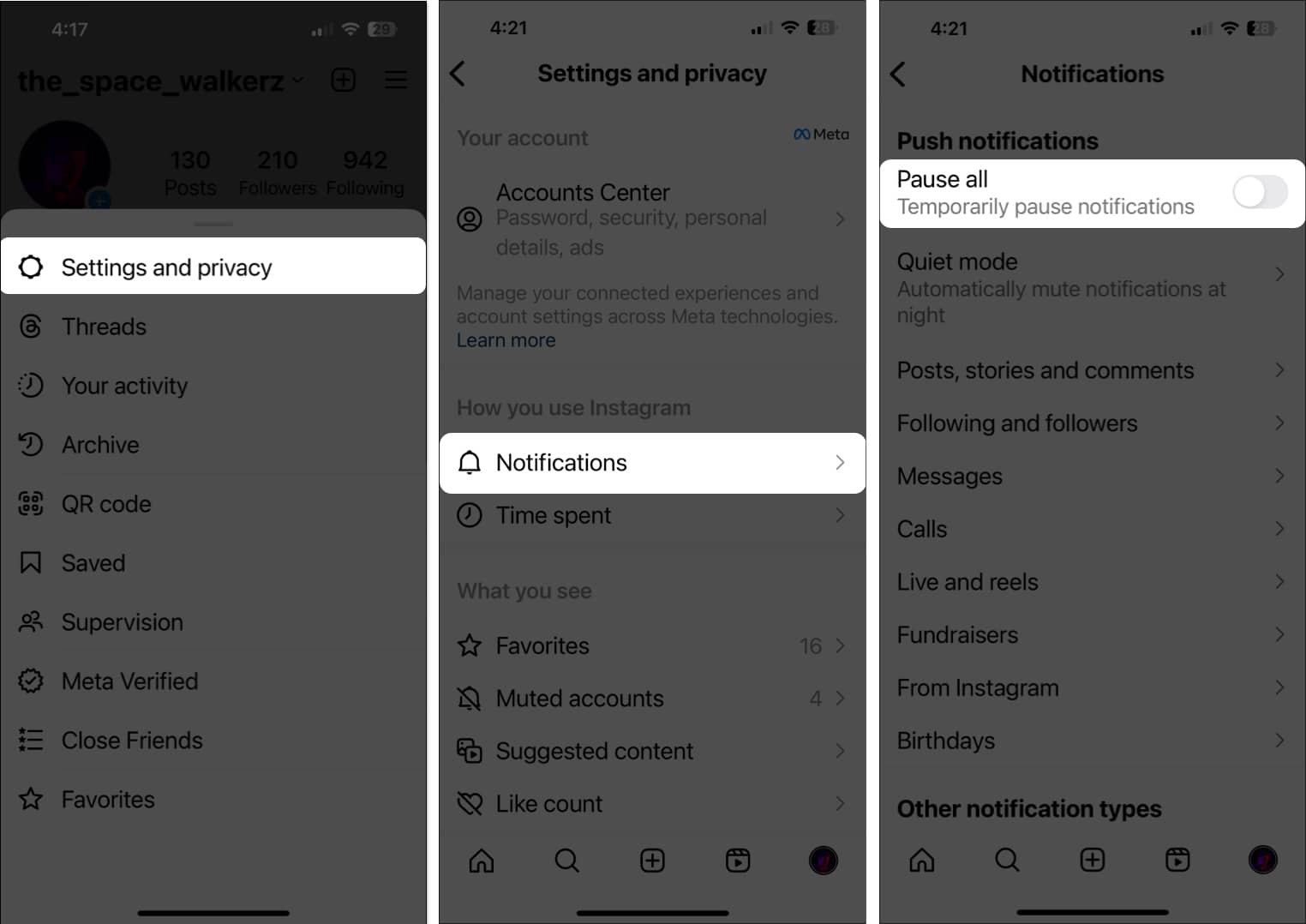 Toggle Off Pause All Notification in Instagram