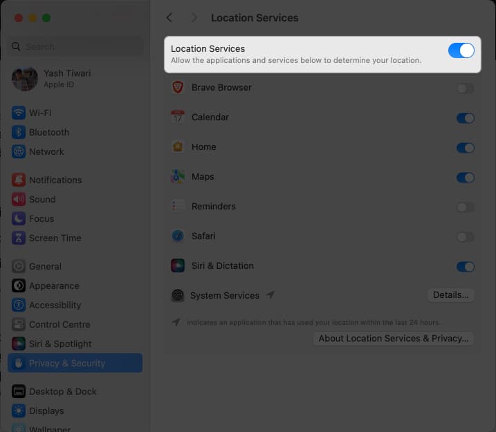 Toggle on Location services