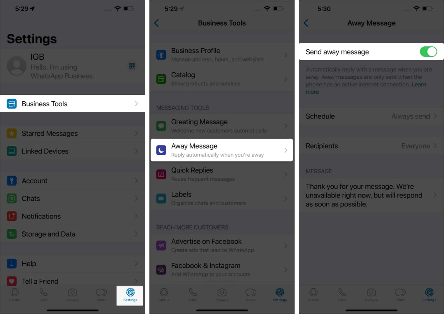 Toggle on Send Away Message on Whatsapp Business on iPhone