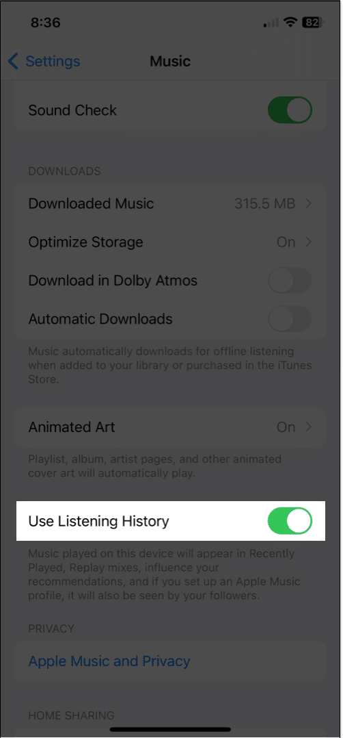 Toggle on use listening history