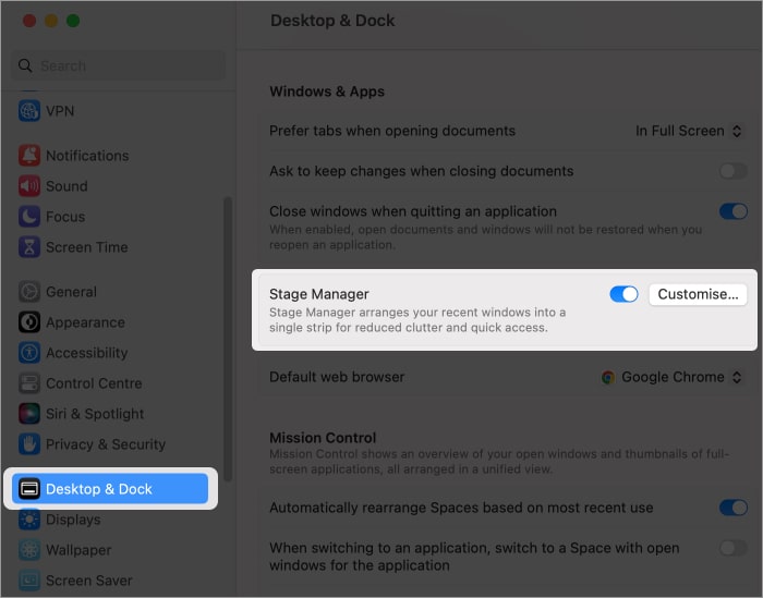 Turn Stage Manager on Mac through Settings