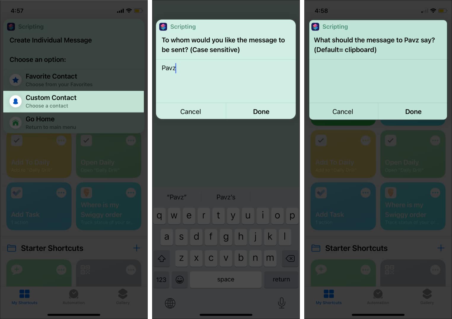 Type or paste a message in the scripting option in Shortcut app on iPhone