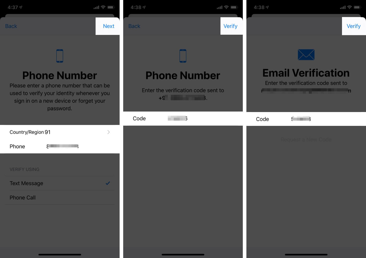 Verify phone number and mail ID by entering the six-digit code sent on iPhone