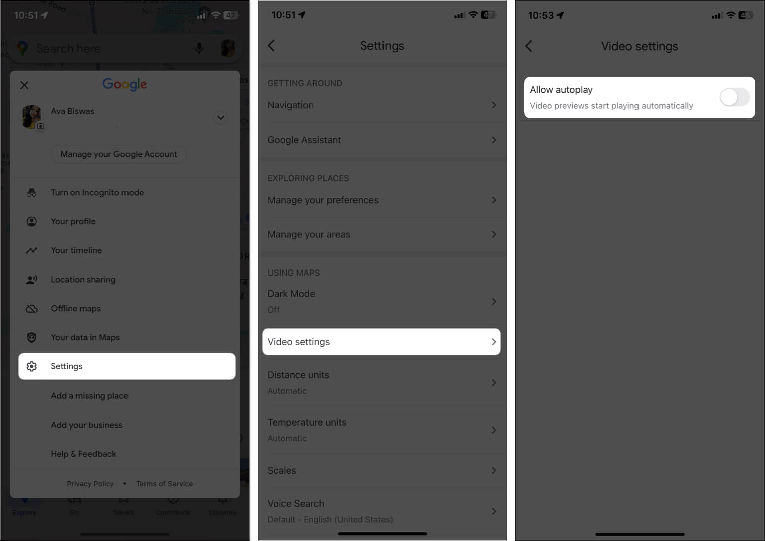 go to profile, settings, video settings, toggle off allow auto-play in google maps