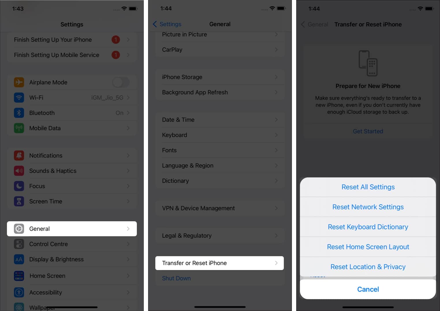 Steps showing how to factory reset an iPhone