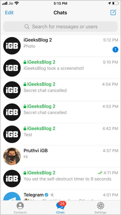 Several secret chats at same time in Telegram app
